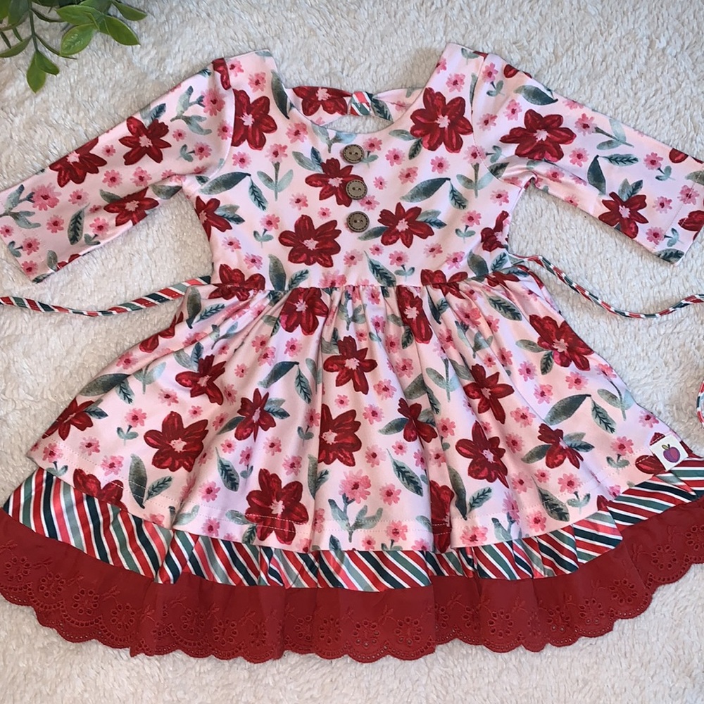 NWT Cheeky Plum Myra Dress 6-12M Poinsettia Parade Red & White Floral
